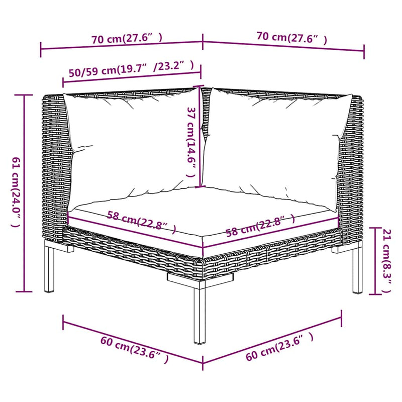 vidaXL 3 Piece Garden Lounge Set Dark Grey Half Round Poly Rattan
