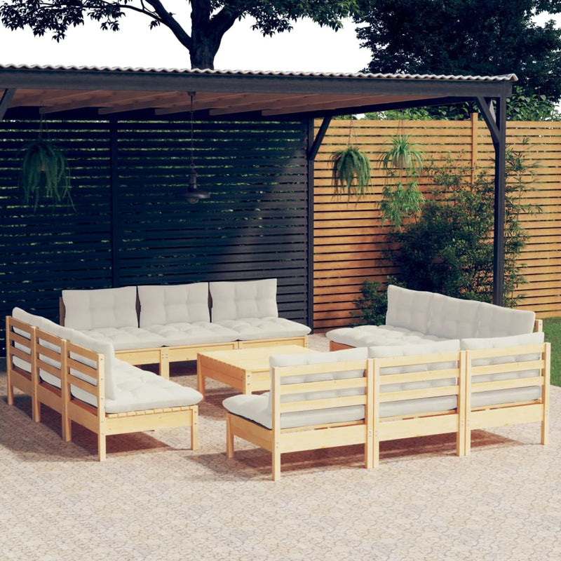 vidaXL 13 Piece Garden Lounge Set with Cream Cushions Pinewood