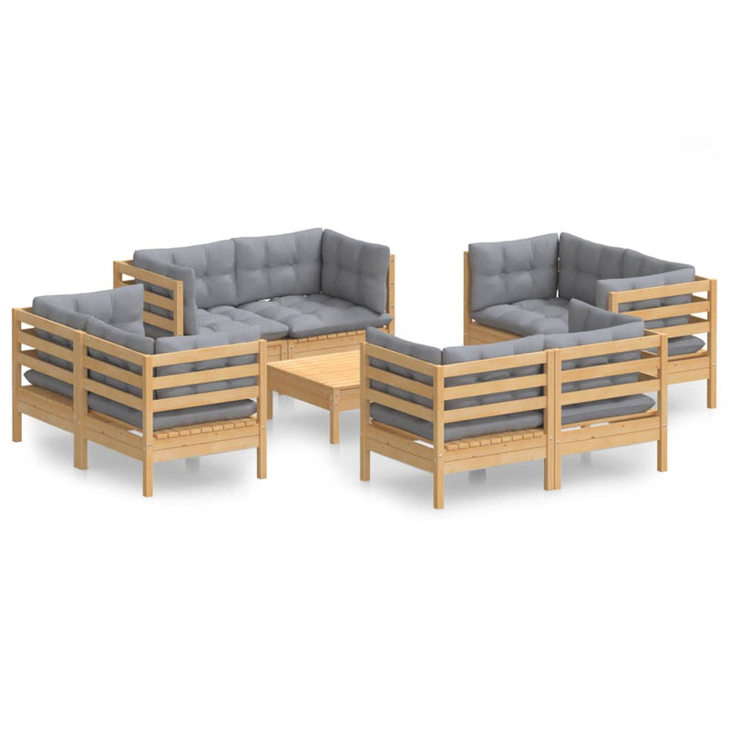 vidaXL 9 Piece Garden Lounge Set with Grey Cushions Pinewood