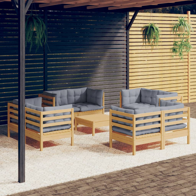 vidaXL 9 Piece Garden Lounge Set with Grey Cushions Pinewood