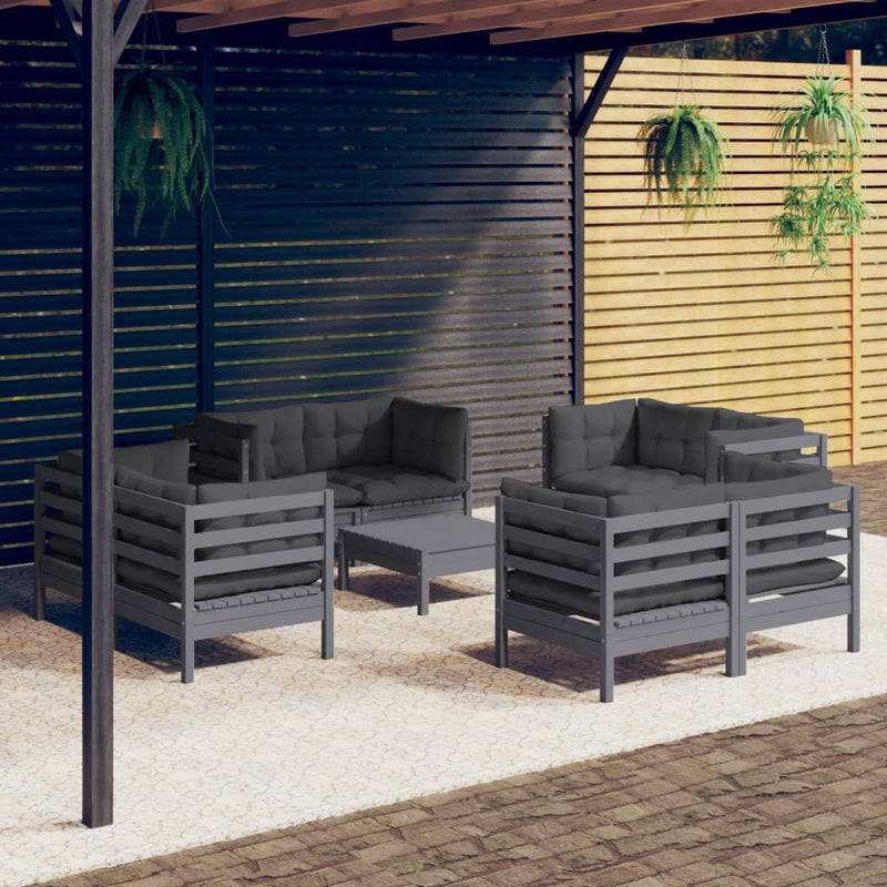 vidaXL 9 Piece Garden Lounge Set with Anthracite Cushions Pinewood
