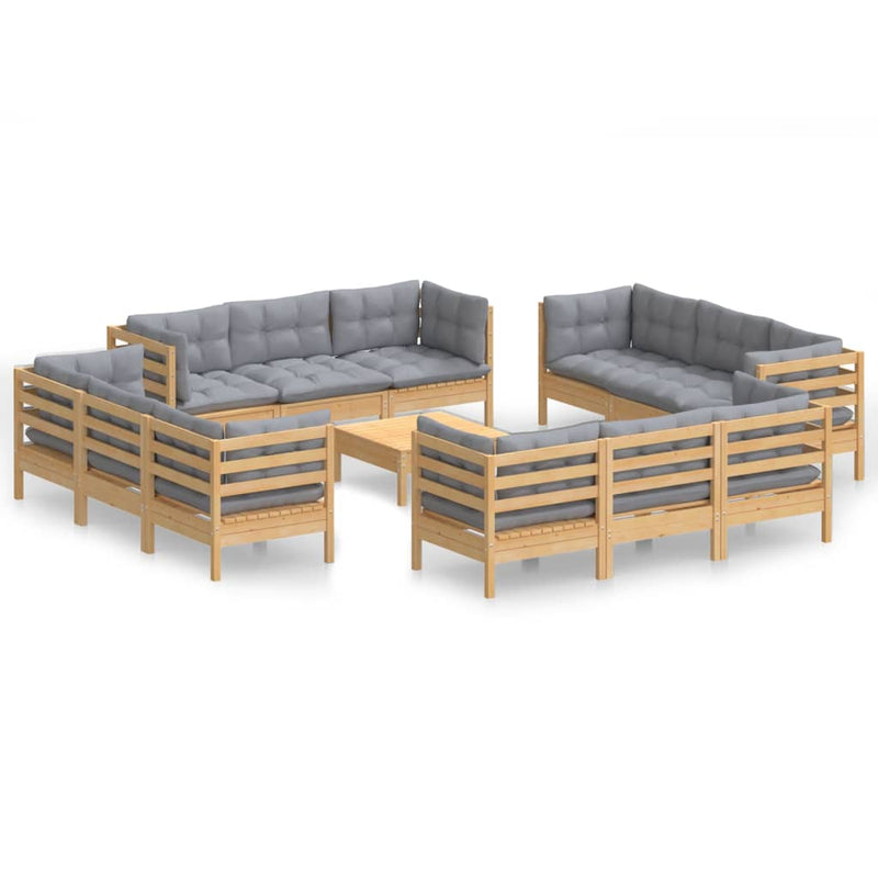 vidaXL 13 Piece Garden Lounge Set with Grey Cushions Pinewood