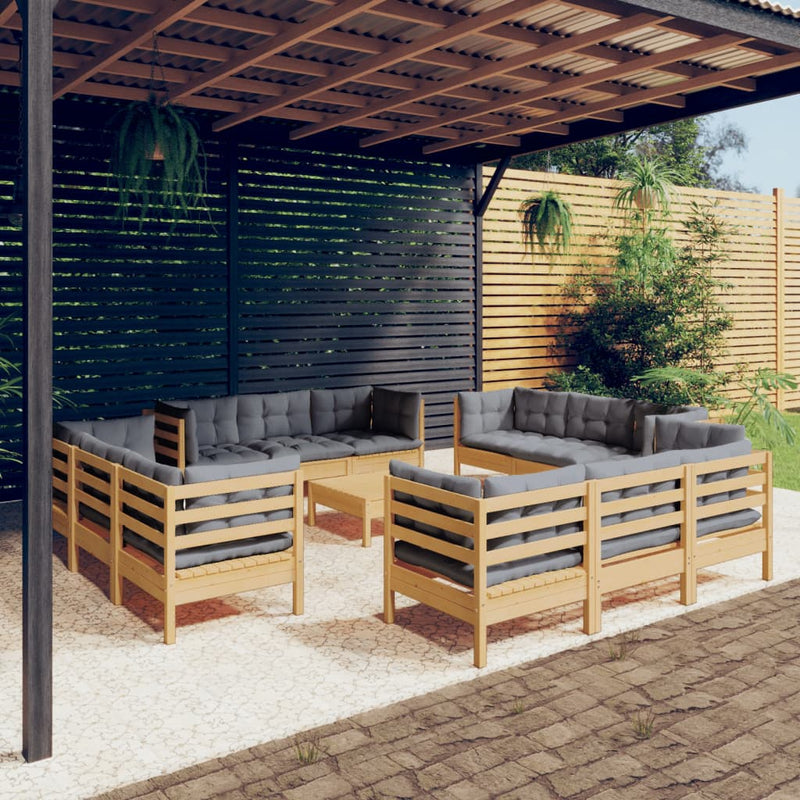 vidaXL 13 Piece Garden Lounge Set with Grey Cushions Pinewood
