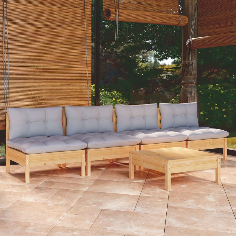 vidaXL 5 Piece Garden Lounge Set with Grey Cushions Pinewood