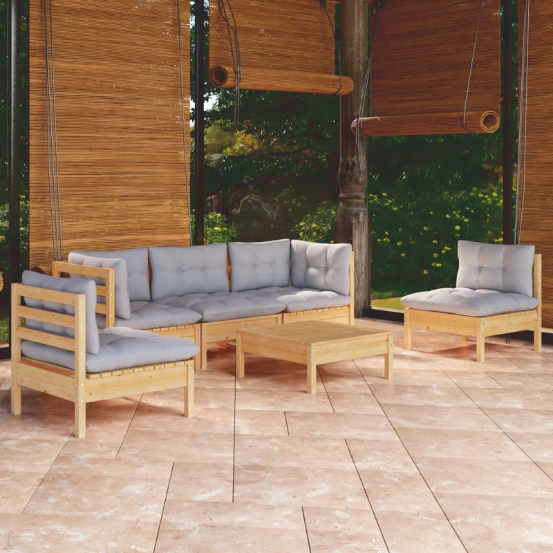 vidaXL 6 Piece Garden Lounge Set with Grey Cushions Solid Pinewood