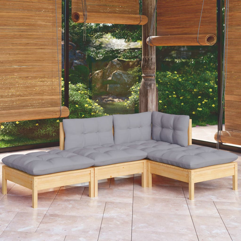 vidaXL 4 Piece Garden Lounge Set with Grey Cushions Solid Pinewood