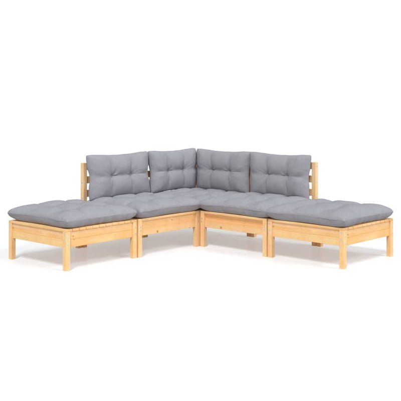 vidaXL 5 Piece Garden Lounge Set with Grey Cushions Pinewood