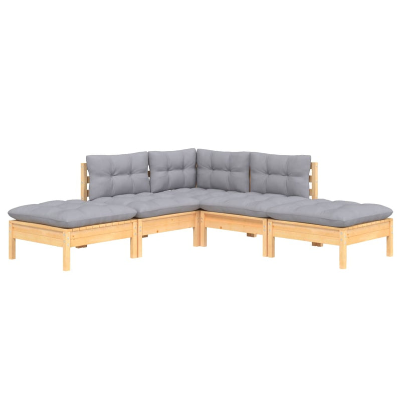 vidaXL 5 Piece Garden Lounge Set with Grey Cushions Pinewood