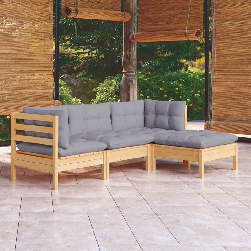 vidaXL 4 Piece Garden Lounge Set with Grey Cushions Pinewood