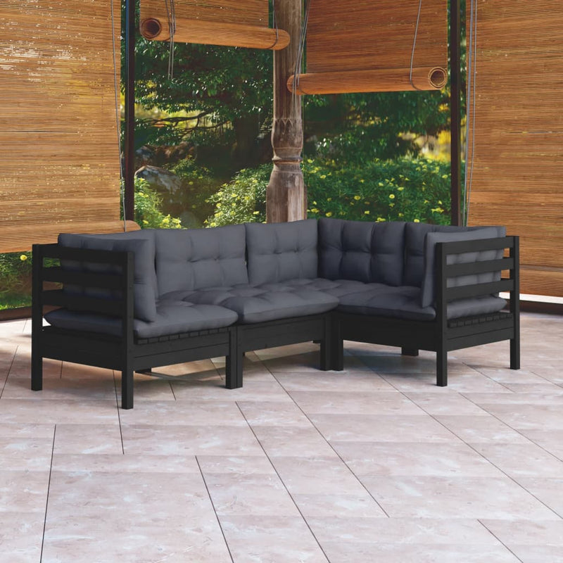vidaXL 4 Piece Garden Lounge Set with Cushions Black Pinewood