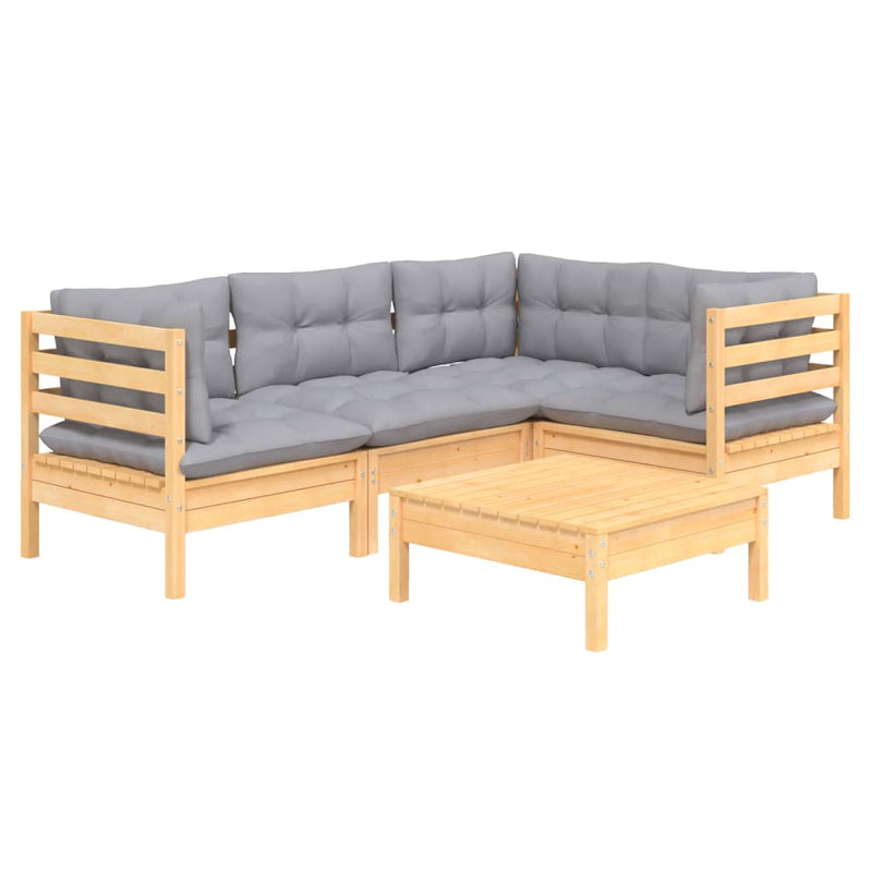 vidaXL 5 Piece Garden Lounge Set with Grey Cushions Pinewood