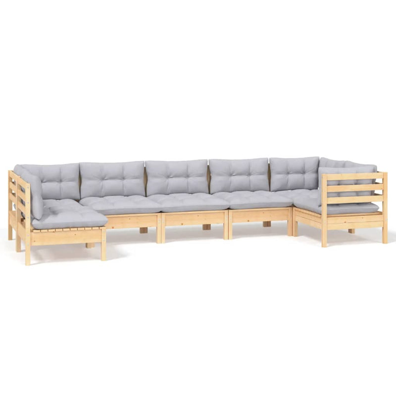 vidaXL 7 Piece Garden Lounge Set with Grey Cushions Pinewood