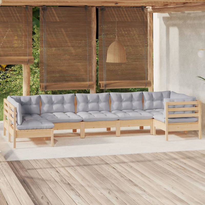 vidaXL 7 Piece Garden Lounge Set with Grey Cushions Pinewood