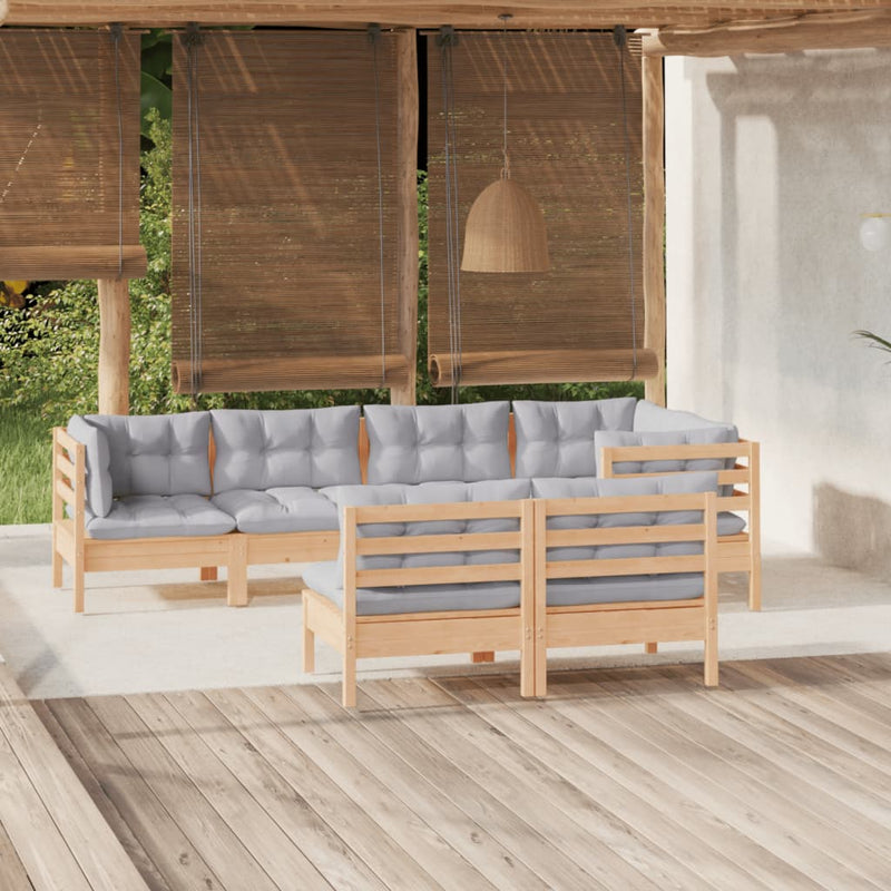 vidaXL 7 Piece Garden Lounge Set with Grey Cushions Solid Pinewood
