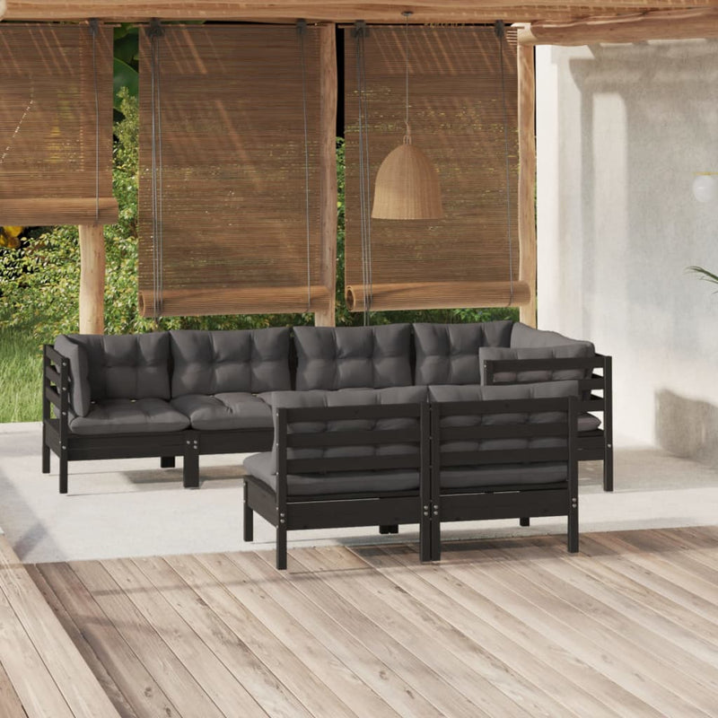 vidaXL 7 Piece Garden Lounge Set with Cushions Black Solid Pinewood