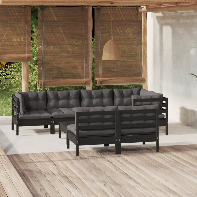 vidaXL 8 Piece Garden Lounge Set with Cushions Black Solid Pinewood