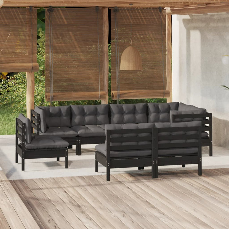 vidaXL 8 Piece Garden Lounge Set with Cushions Black Solid Pinewood