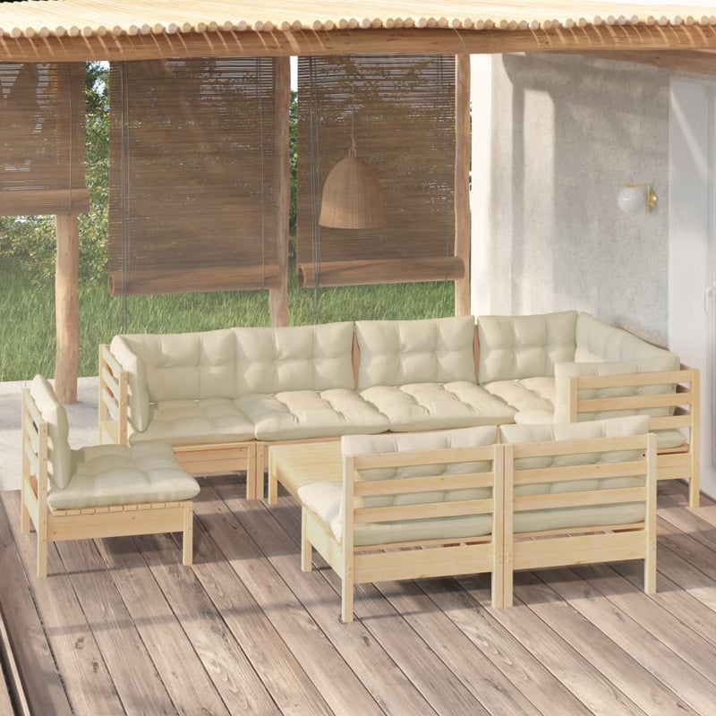 vidaXL 9 Piece Garden Lounge Set with Cream Cushions Solid Pinewood