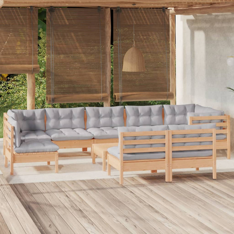 vidaXL 10 Piece Garden Lounge Set with Grey Cushions Solid Pinewood