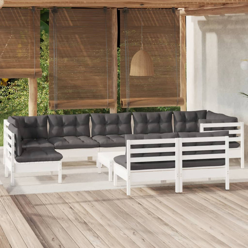 vidaXL 10 Piece Garden Lounge Set with Cushions White Solid Pinewood