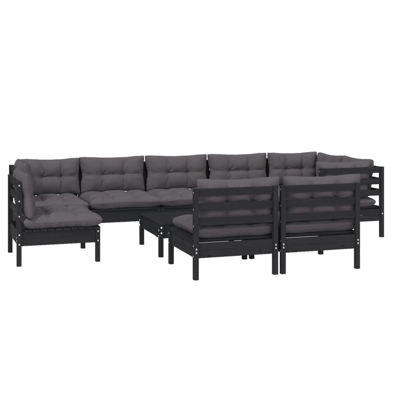 vidaXL 10 Piece Garden Lounge Set with Cushions Black Solid Pinewood