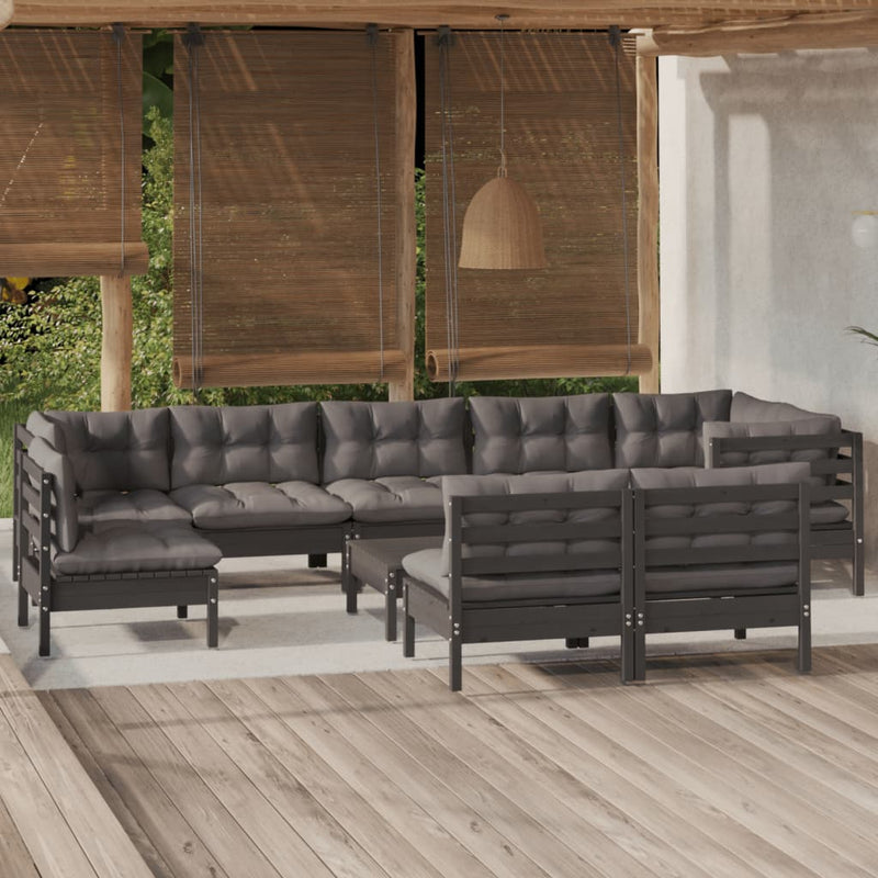 vidaXL 10 Piece Garden Lounge Set with Cushions Black Solid Pinewood