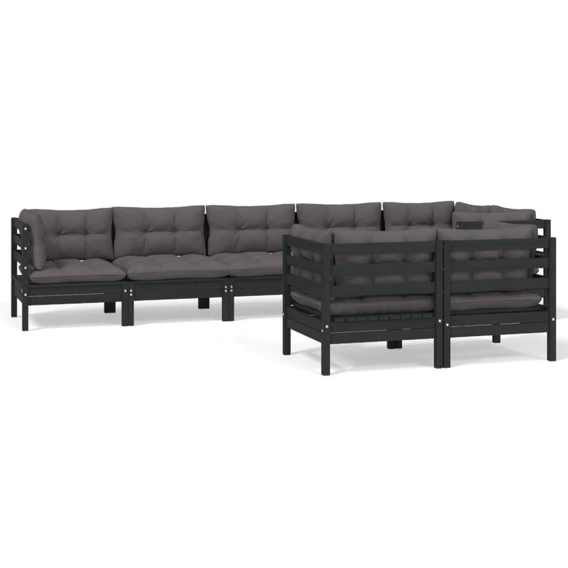 vidaXL 8 Piece Garden Lounge Set with Cushions Black Solid Pinewood