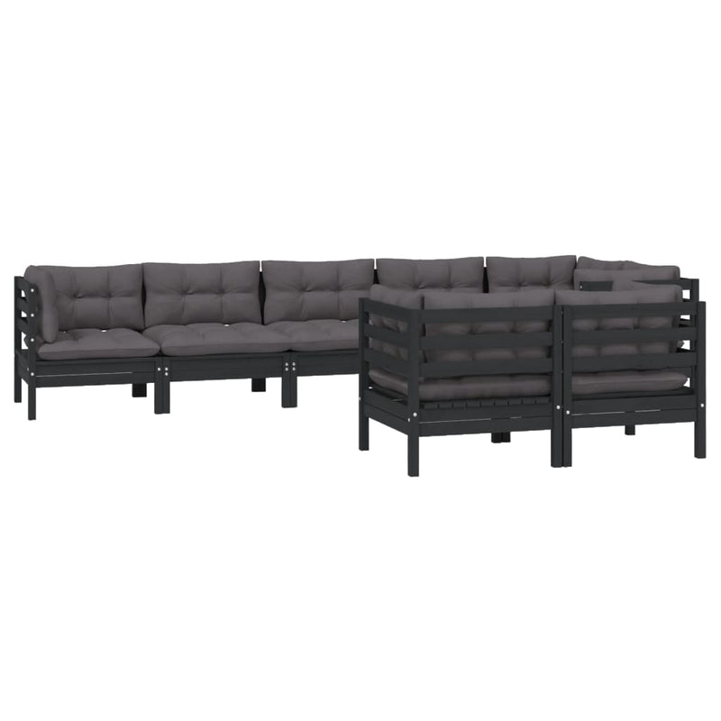 vidaXL 8 Piece Garden Lounge Set with Cushions Black Solid Pinewood