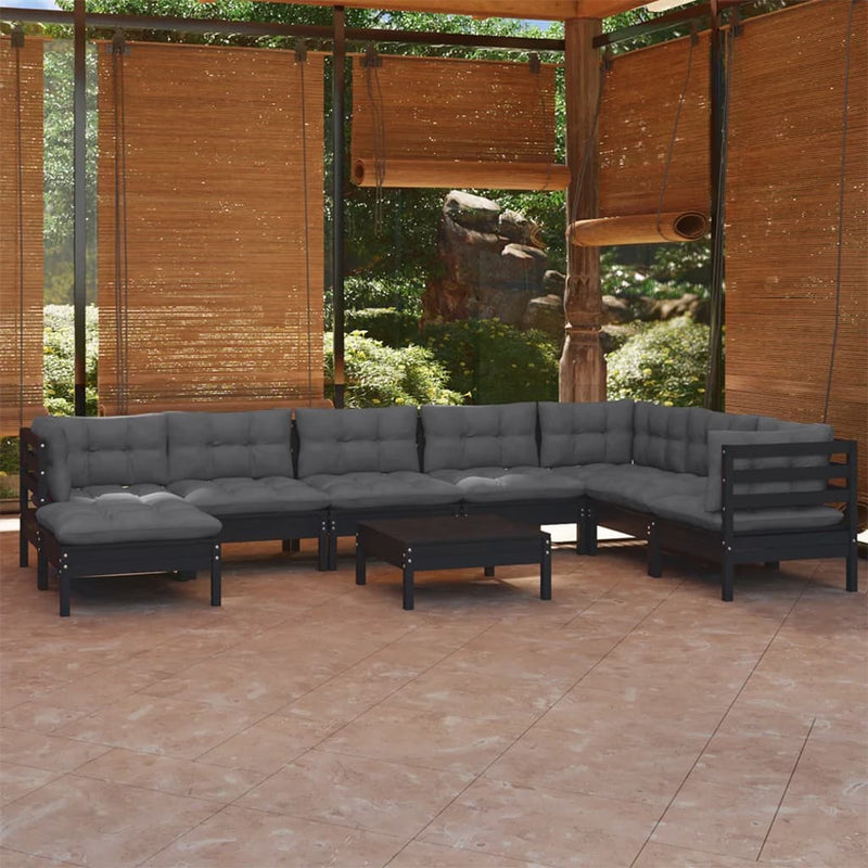 vidaXL 9 Piece Garden Lounge Set with Cushions Black Solid Pinewood