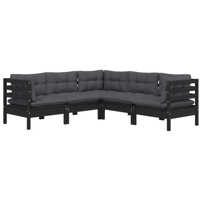vidaXL 5 Piece Garden Lounge Set with Cushions Black Solid Pinewood