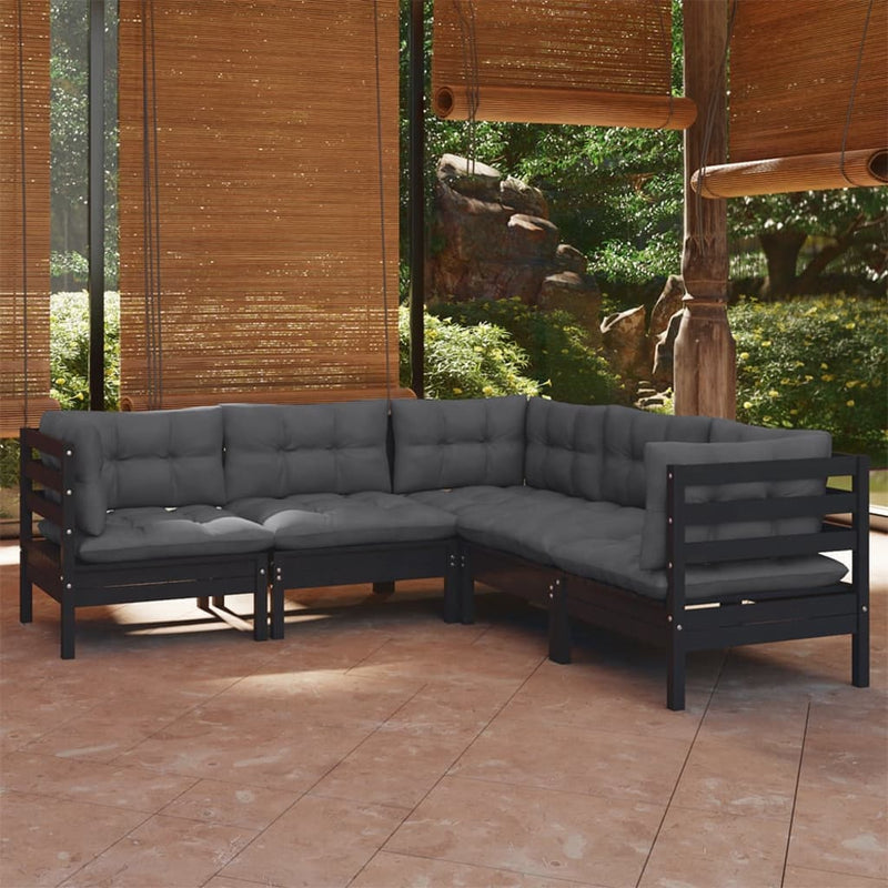 vidaXL 5 Piece Garden Lounge Set with Cushions Black Solid Pinewood