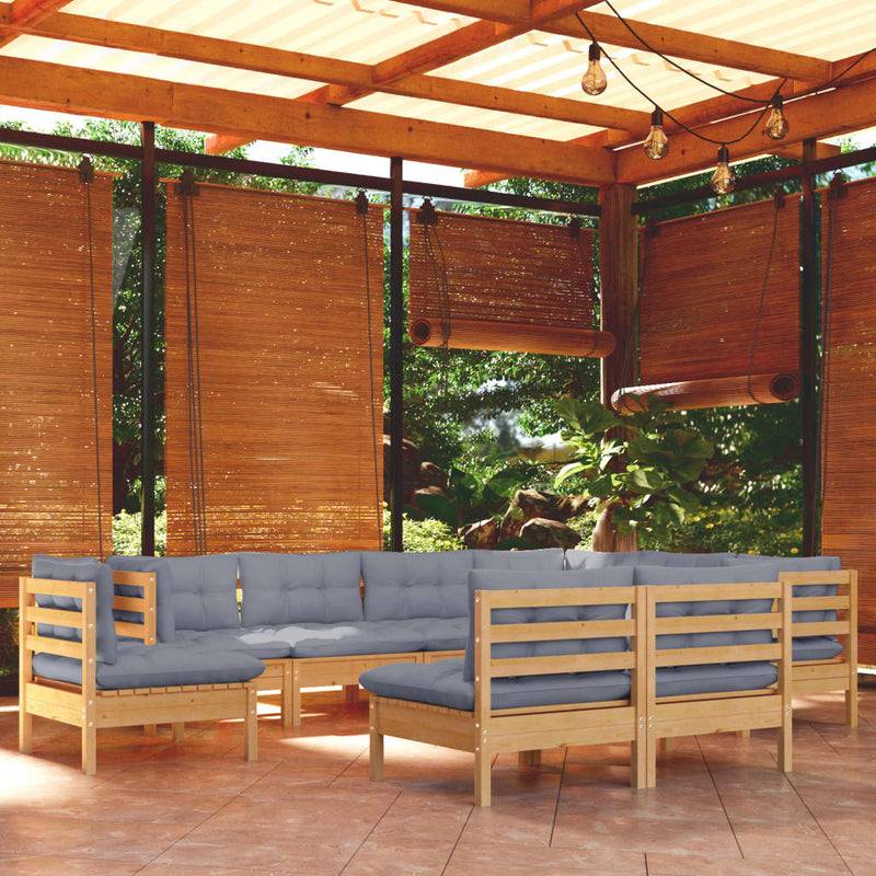 vidaXL 9 Piece Garden Lounge Set with Grey Cushions Solid Pinewood
