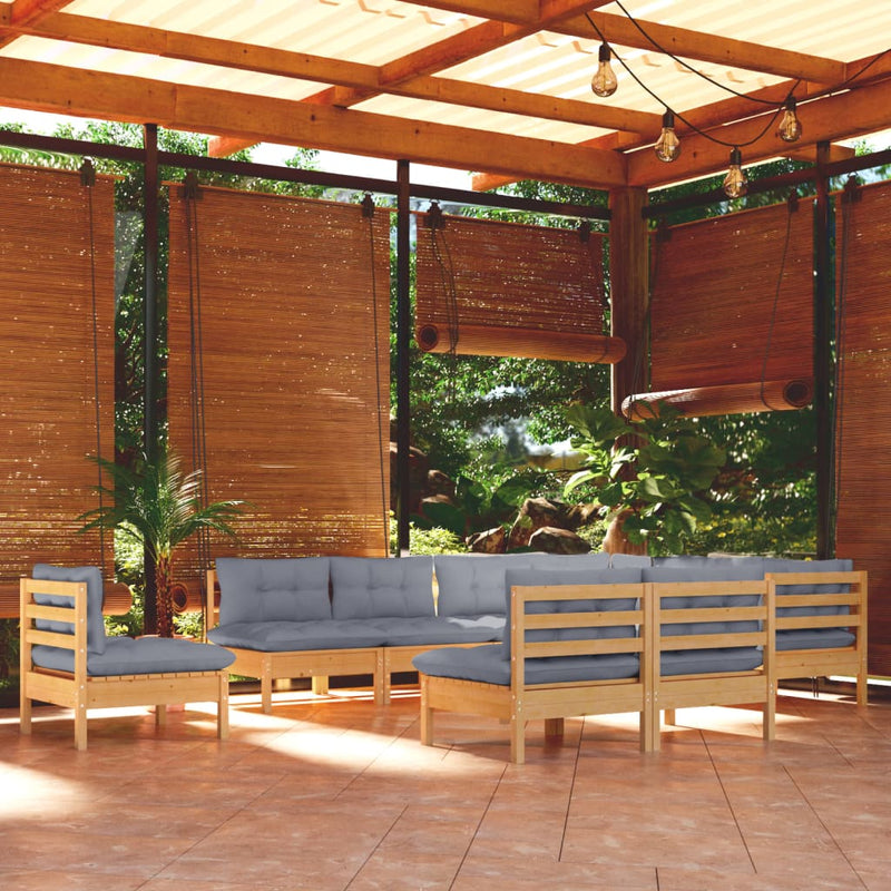 vidaXL 10 Piece Garden Lounge Set with Grey Cushions Solid Pinewood