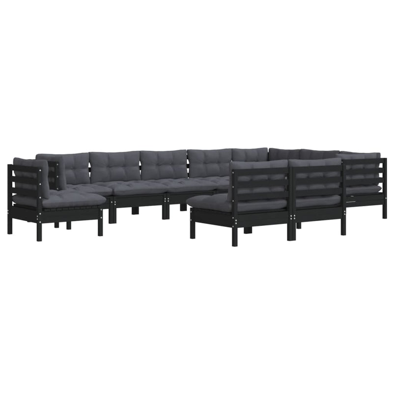 vidaXL 10 Piece Garden Lounge Set with Cushions Black Solid Pinewood
