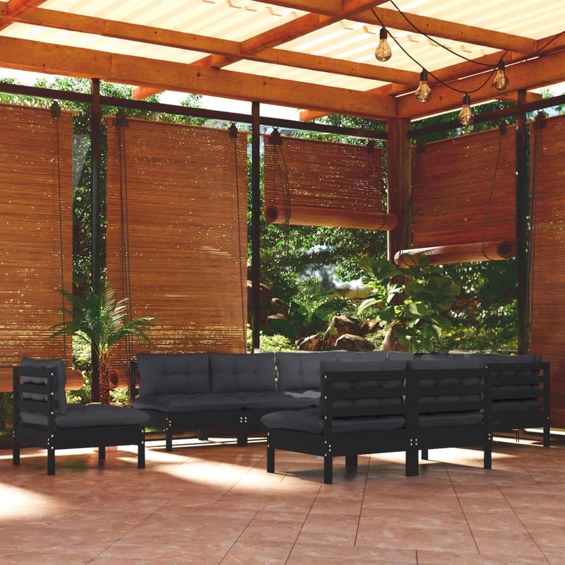 vidaXL 10 Piece Garden Lounge Set with Cushions Black Solid Pinewood