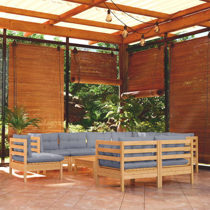 vidaXL 10 Piece Garden Lounge Set with Grey Cushions Solid Pinewood