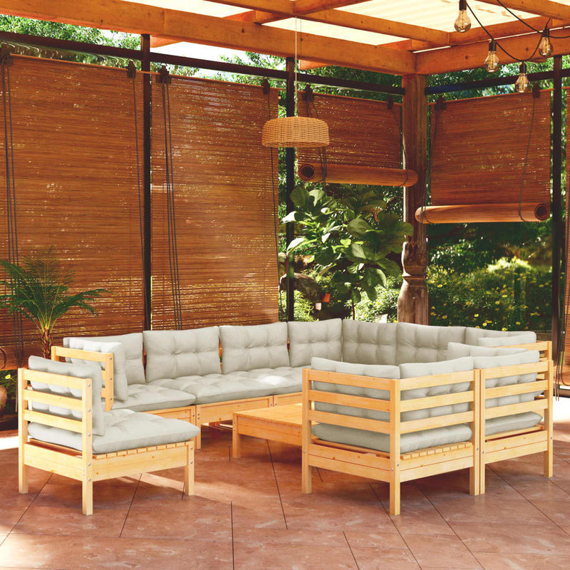 vidaXL 10 Piece Garden Lounge Set with Cream Cushions Solid Pinewood