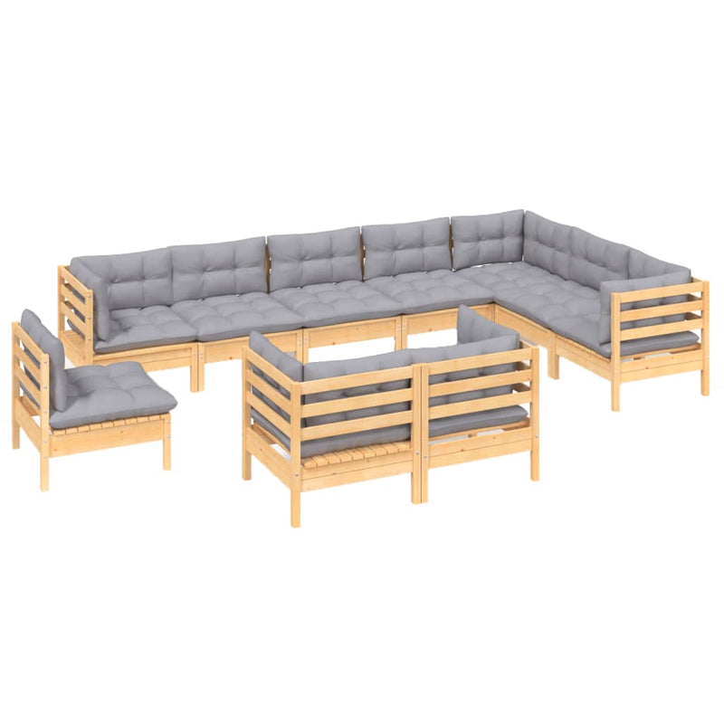 vidaXL 10 Piece Garden Lounge Set with Grey Cushions Solid Pinewood