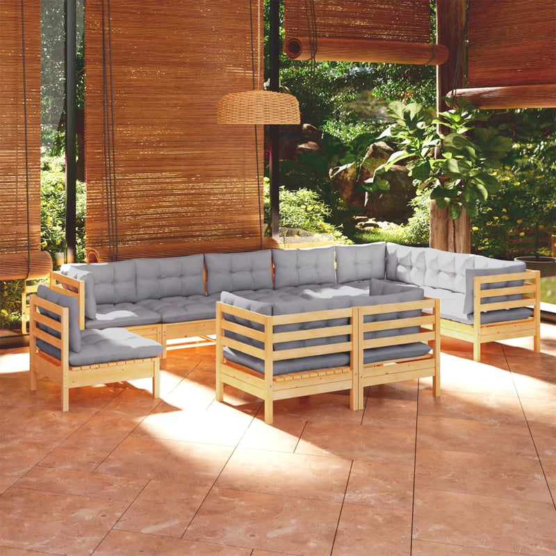 vidaXL 10 Piece Garden Lounge Set with Grey Cushions Solid Pinewood