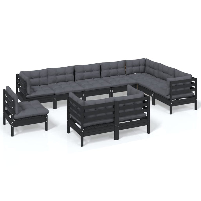 vidaXL 10 Piece Garden Lounge Set with Cushions Black Solid Pinewood