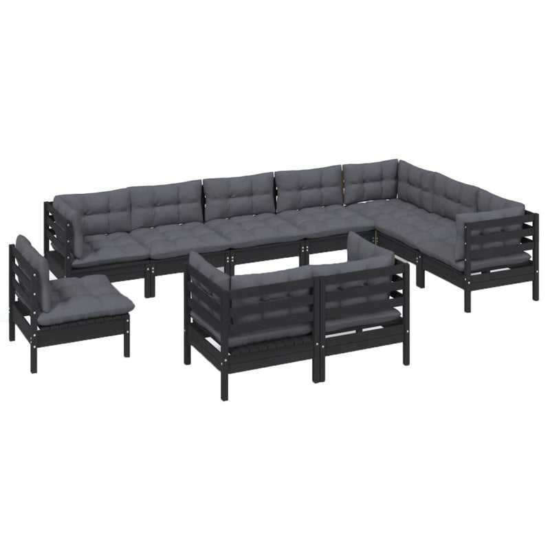 vidaXL 10 Piece Garden Lounge Set with Cushions Black Solid Pinewood