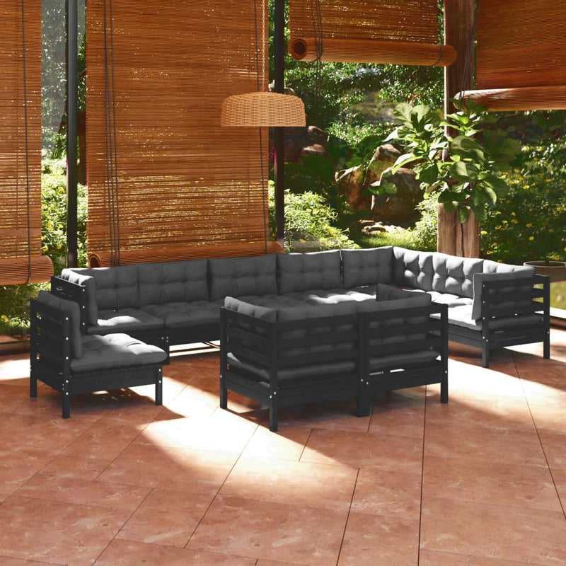 vidaXL 10 Piece Garden Lounge Set with Cushions Black Solid Pinewood