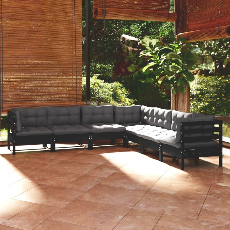 vidaXL 7 Piece Garden Lounge Set with Cushions Black Solid Pinewood