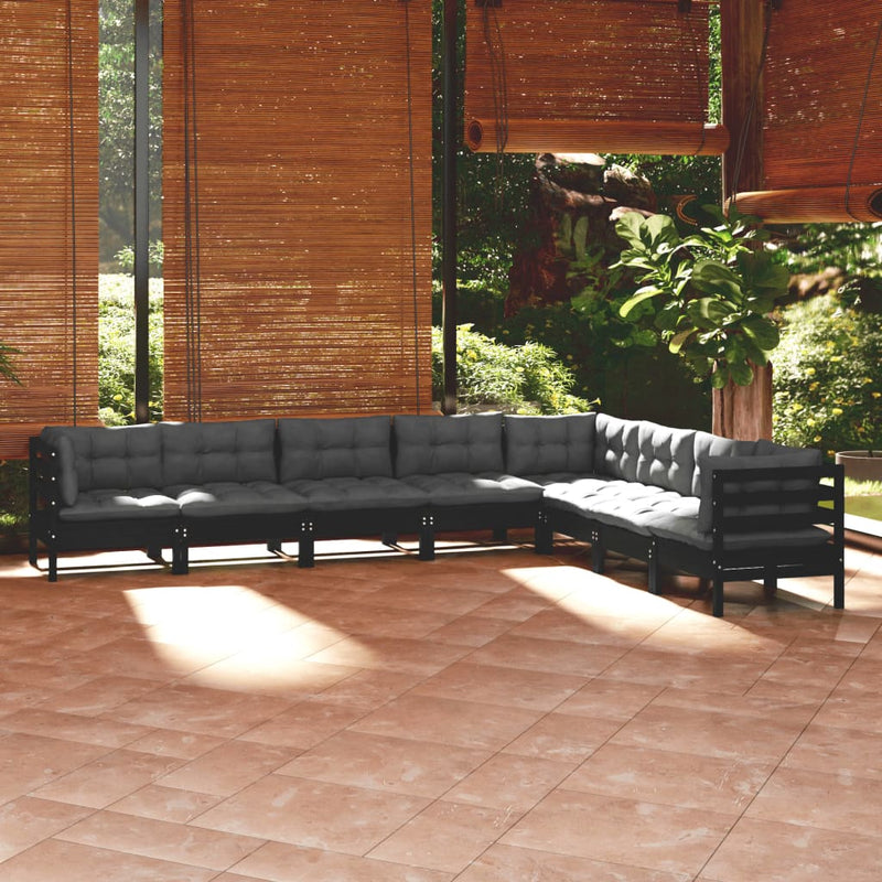 vidaXL 8 Piece Garden Lounge Set with Cushions Black Solid Pinewood