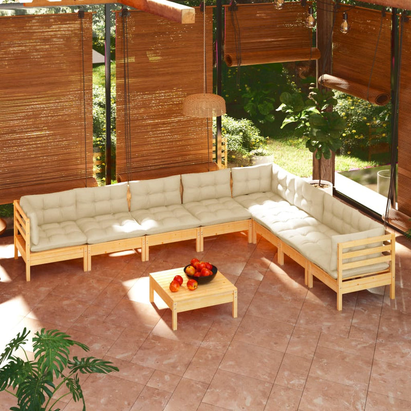 vidaXL 9 Piece Garden Lounge Set with Cream Cushions Solid Pinewood