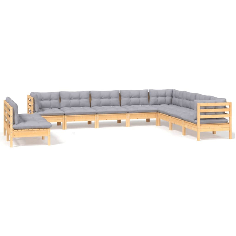 vidaXL 10 Piece Garden Lounge Set with Grey Cushions Solid Pinewood