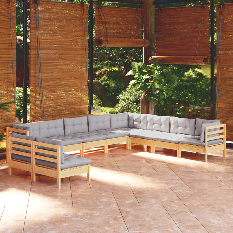 vidaXL 10 Piece Garden Lounge Set with Grey Cushions Solid Pinewood