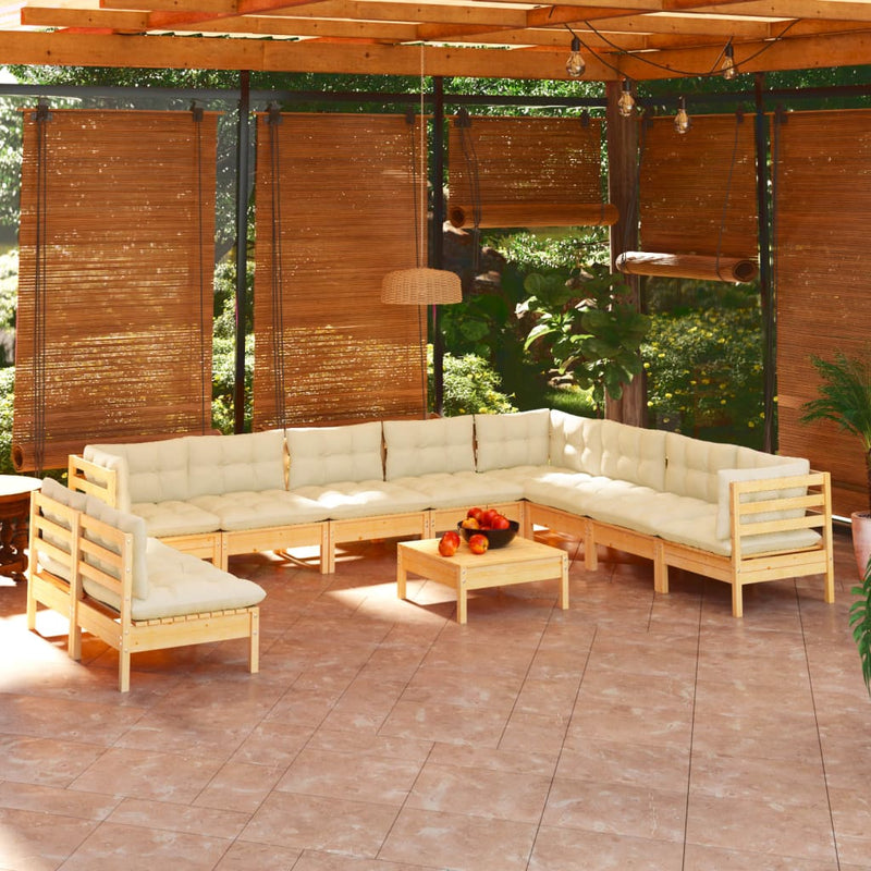 vidaXL 11 Piece Garden Lounge Set with Cream Cushions Solid Pinewood