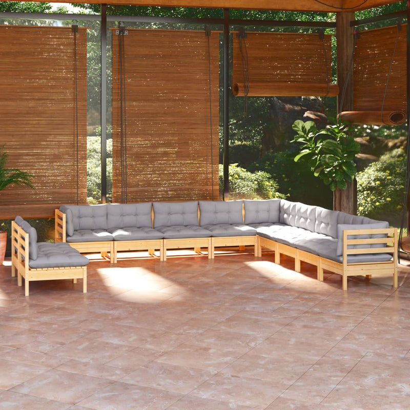 vidaXL 11 Piece Garden Lounge Set with Grey Cushions Solid Pinewood