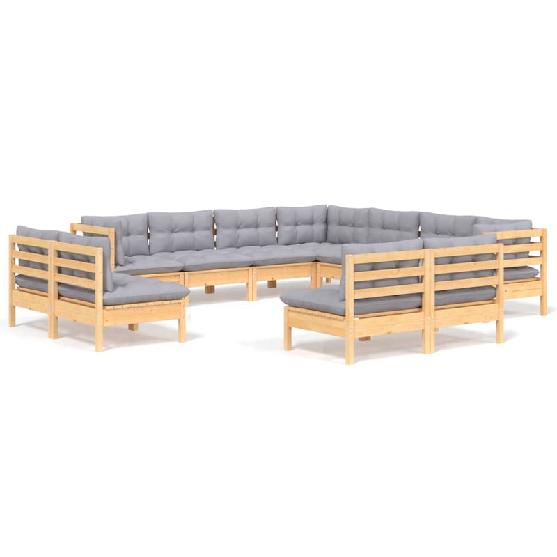 vidaXL 11 Piece Garden Lounge Set with Grey Cushions Solid Pinewood
